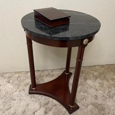 Mid 20th Century Regency Style Mahogany And Grey/Black Marble Pedestal Side Table With Coaster Box