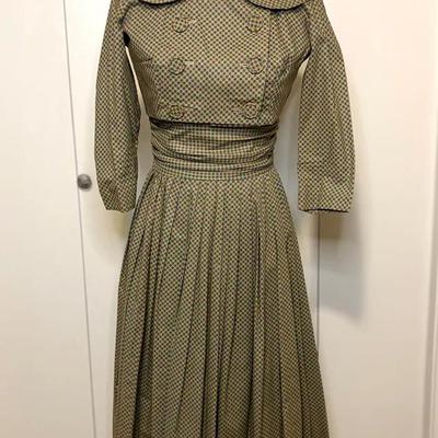 Stunning Vintage 1950s 2-Piece Brown And Green Patterned Dress With Cropped Jacket And Pleated Skirt