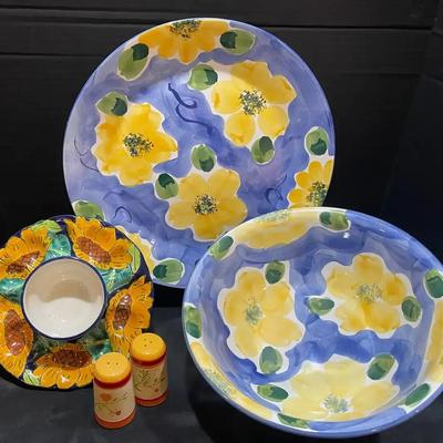 Sunflower Deviled Egg Ceramic Tray With Floral Serving Bowl And Plate Set With Salt & Pepper Shakers