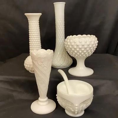 Milk Glass Assortment including Hobnail And Westmoreland Paneled Grape Dish