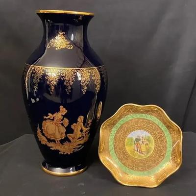 Osborne China Dish with Limoges Cobalt Blue Vase