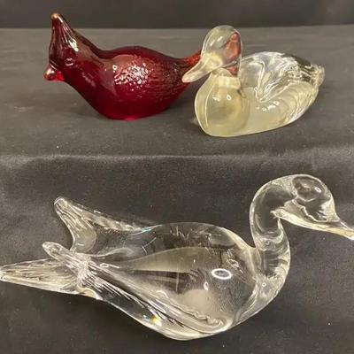 Fenton Red Glass Cardinal With Clear Glass Duck & Glass Swan