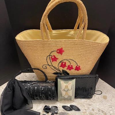 Vintage Shoe Clips, Cocktail Clutches & Straw Bag With Floral Design