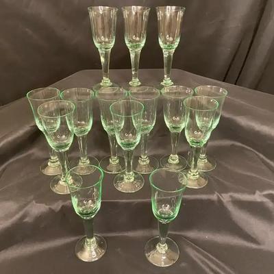 14 Small Green Tinted Wine/Cordial Glasses