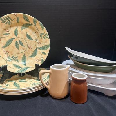 Set Of Six Corningware Dinner Plates With Hall Pottery Dishes, Creamer, & Vase