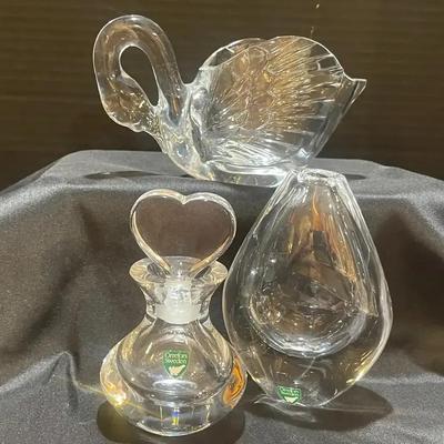 Orrefors Sweden Crystal Perfume Bottle And Bud Vase With Cristal d’Arques Crystal Swan Bowl