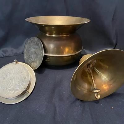 Brass Collection Including Flower Pot, Coaster Set, And Bell