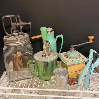 Antique Wood Paddle Butter Churn, Landers Fray & Clark Thermos, Hand Mixer & More