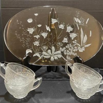Floral Glass Platter And Four Teacups