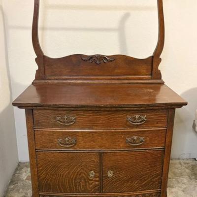 Antique Tiger Oak Washstand With Harp Towel Bar From Early 1900s