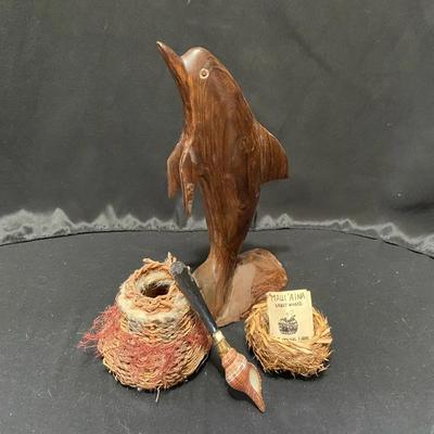 Carved Ironwood Dolphin Figure with Hawaii Woven Mini Baskets and Shell Spreader