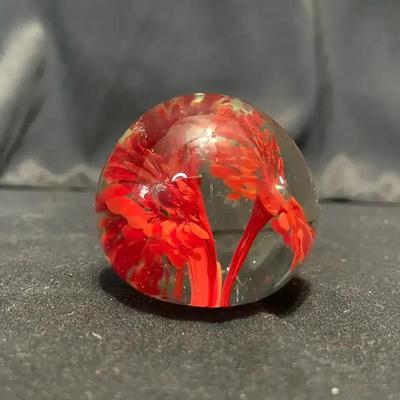 Vintage Handblown Red Flower Glass Paperweight 