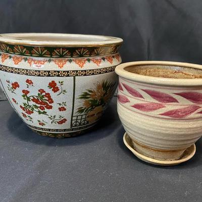 Vintage Chinese Fishbowl Planter with Small Stoneware Hand Painted Planter