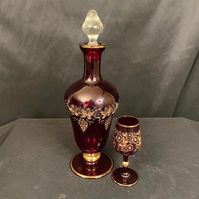 Ruby Red Decanter and Glass with Filigree Decoration