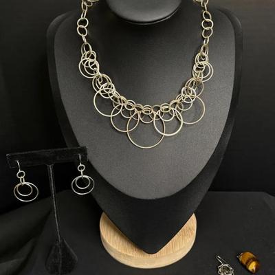 Vintage Silvertoned Circle Link Necklace Set, Tiger’s Eye Pendant, Sterling Earring