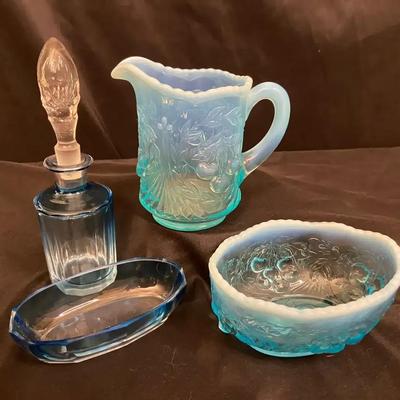 L. G. Wright Blue Opalescent Creamer and Berry Bowl with Blue Art Deco Carafe and Dish