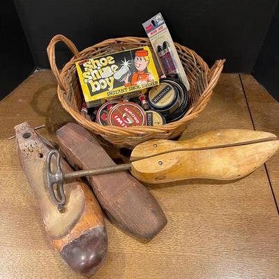Vintage Wooden Cobbler’s Shoe Form Molds With Laces, Polish & Shoe Cream