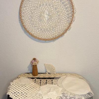 Vintage Lace And Doily Collection With Antique Wooden Dried Flower Bud Vase 