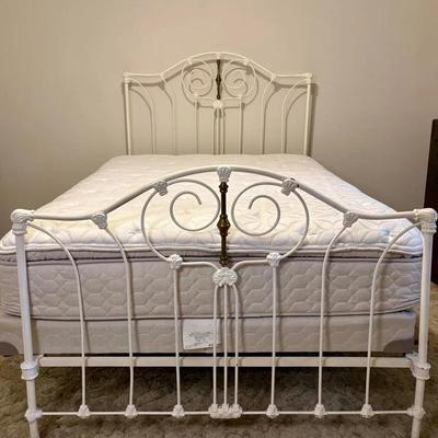 Antique White Painted Iron And Brass Bed Frame With Full Mattress And Box Spring 