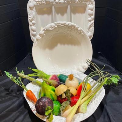 Bowl Of Faux Fruit And Veggies With Studio Noa Serving Bowl And Platter