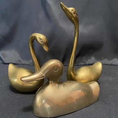 Vintage Solid Brass Swans with Brass Duck Made In Korea