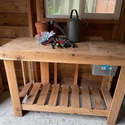 Handmade Wood Potting Bench, Garden Clippers, Pots & Watering Can
