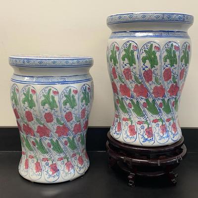 Pair Of Ceramic Asian Style Plant Stands With Wooden Stand