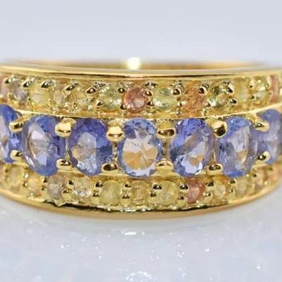 Natural Oval Tanzanite & Yellow Sapphire Sterling Silver Gold Vermeil Line Ring