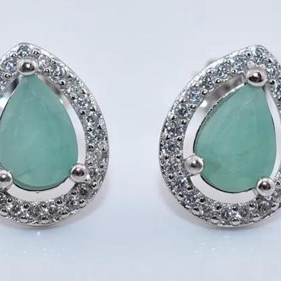 Natural Pear Emerald Sterling Silver Stud Earrings