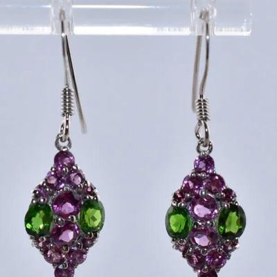 Natural Chrome Diopside & Rhodolite Garnet Dangle Earrings