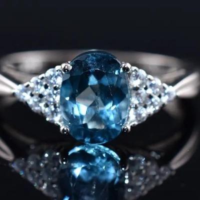 1.5 Carat Natural Oval London Blue Topaz Sterling Silver Ring
