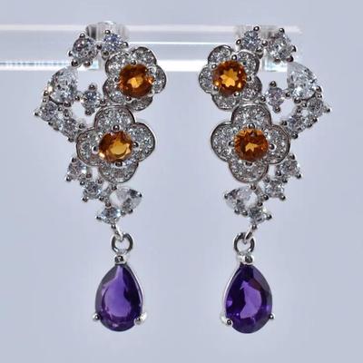 Natural Pear Amethyst & Citrine Sterling Silver Drop Earrings
