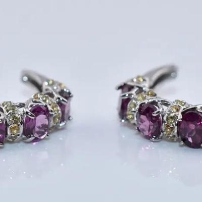 Natural Oval Rhodolite Garnet & Yellow Sapphire Sterling Silver Earrings