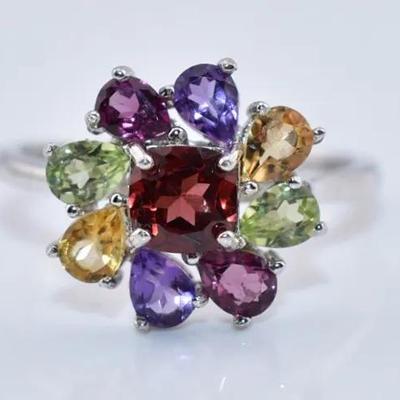 Natural Garnet, Citrine, Amethyst & Peridot Sterling Silver Ring