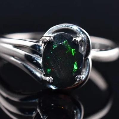 Natural Oval Black Opal Sterling Silver Ring
