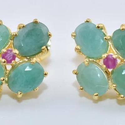 Natural Oval Emerald & Ruby Sterling Silver Gold Vermeil Cluster Earrings