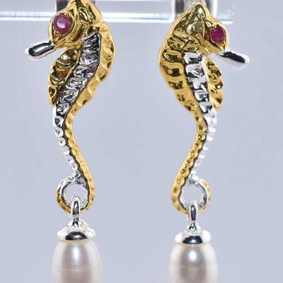 Ruby & Pearl Sterling Silver Gold Vermeil Seahorse Earrings