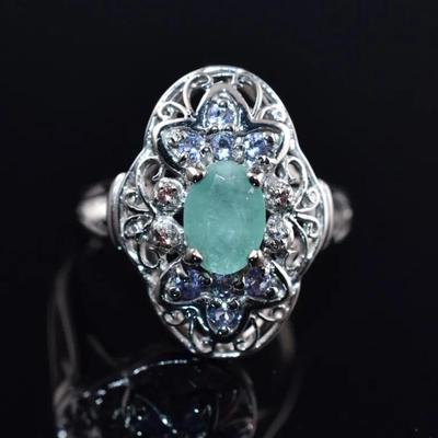 Natural Oval Emerald, Tanzanite & Sapphire Sterling Silver Ring