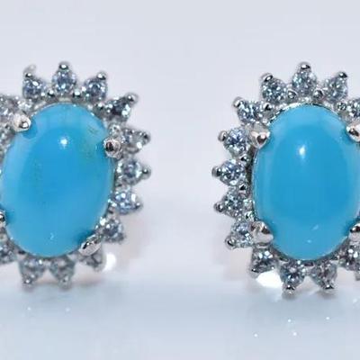 Blue Oval Turquoise Cabochon Sterling Silver Earrings
