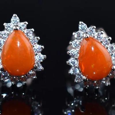 Natural Pear Orange Opal Cabochon Stud Earrings