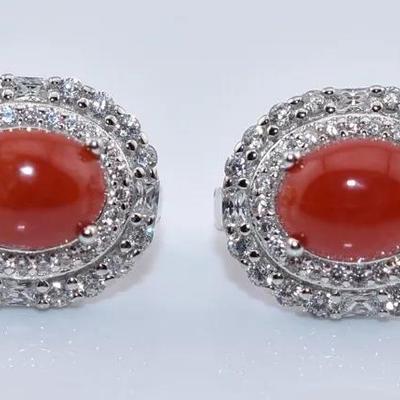 Natural Oval Coral Cabochon Earrings