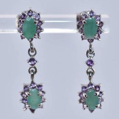 Natural Oval Emerald & Amethyst Sterling Silver Dangle Earrings
