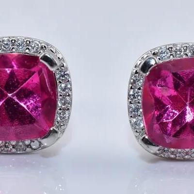 Pink Cushion Topaz Sterling Silver Stud Earrings