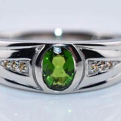 Natural Oval Chrome Diopside & Yellow Sapphire Sterling Silver Ring