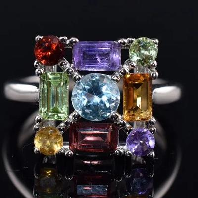 Natural Sky Blue Topaz, Amethyst, Citrine, Peridot & Garnet Sterling Silver Ring