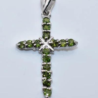 Round Natural Chrome Diopside & Yellow Sapphire Sterling Silver Cross Pendant