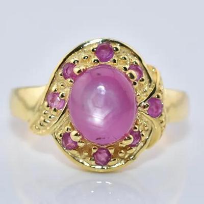 Natural Oval Star Ruby Cabochon Sterling Silver Gold Vermeil Ring