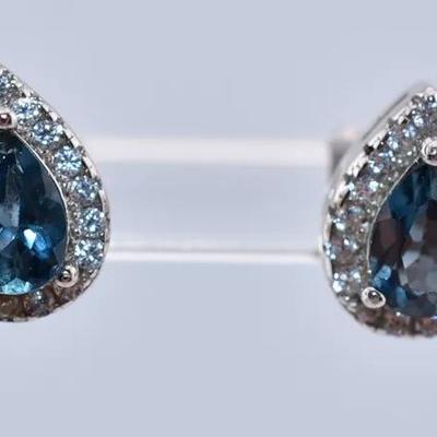 Natural Pear London Blue Topaz Sterling Silver Stud Earrings