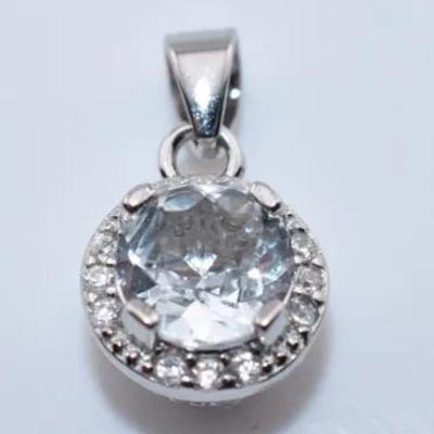 Natural Round Aquamarine Sterling Silver Pendant