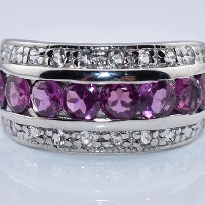 Natural Round Rhodolite Garnet & Topaz Sterling Silver Line Band Ring